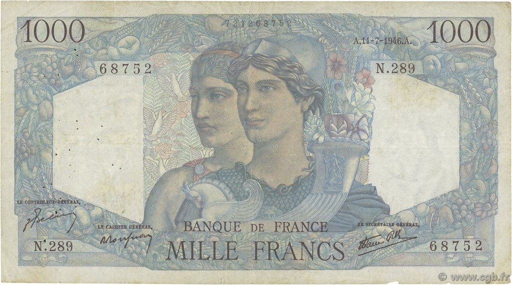 1000 Francs MINERVE ET HERCULE FRANCE  1946 F.41.15 B+