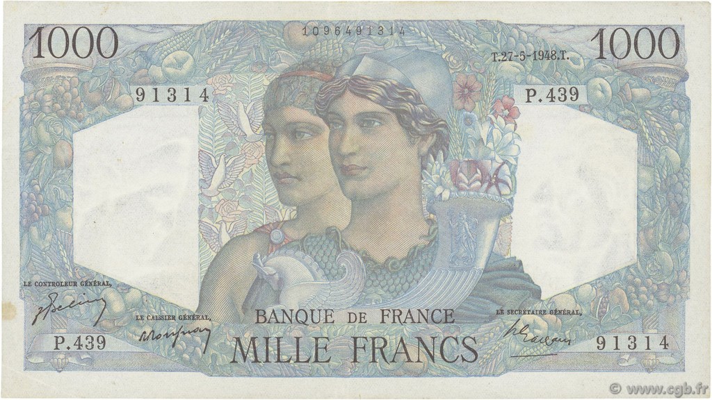 1000 Francs MINERVE ET HERCULE FRANCE  1948 F.41.21 VF
