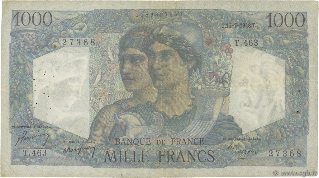1000 Francs MINERVE ET HERCULE FRANCE  1948 F.41.22 TB+