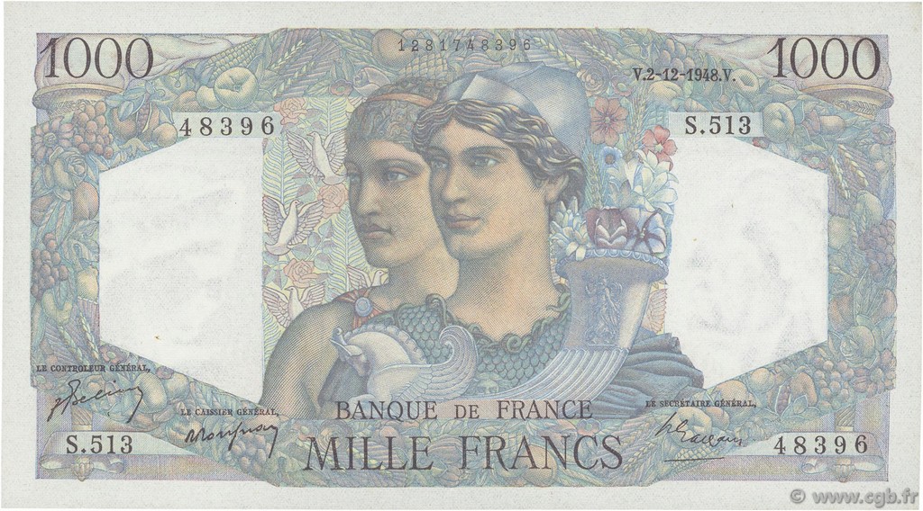 1000 Francs MINERVE ET HERCULE FRANCE  1948 F.41.24 SUP+