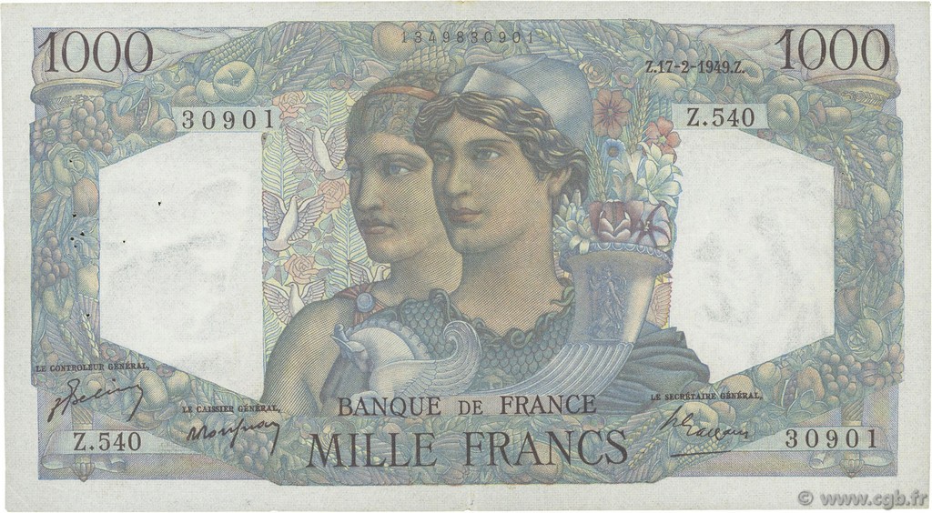 1000 Francs MINERVE ET HERCULE FRANCE  1949 F.41.25 TTB