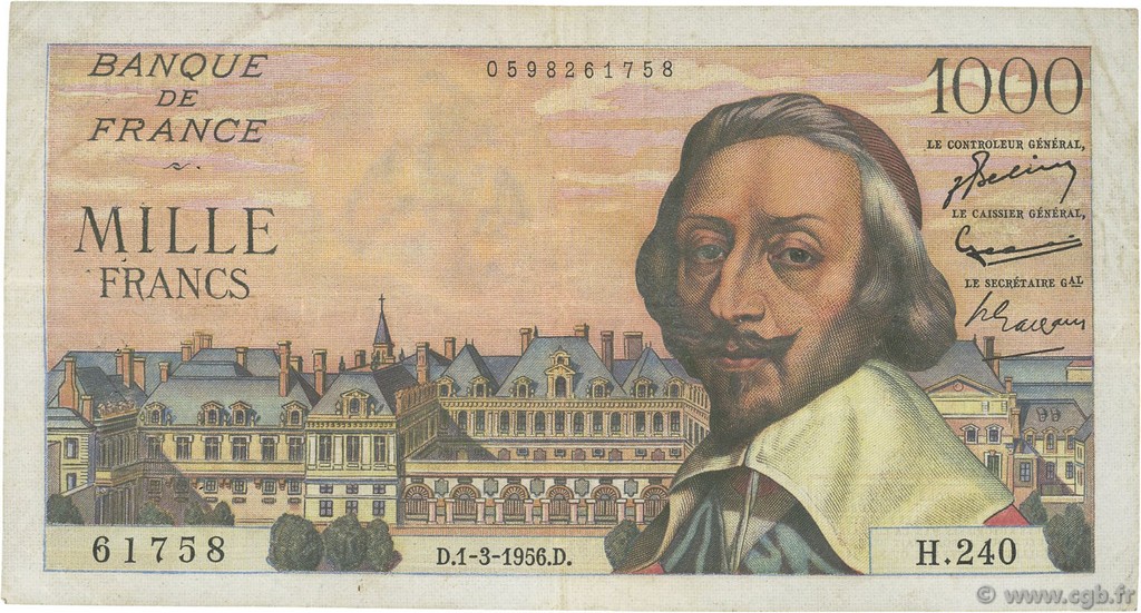 1000 Francs RICHELIEU FRANCE  1956 F.42.19 pr.TTB