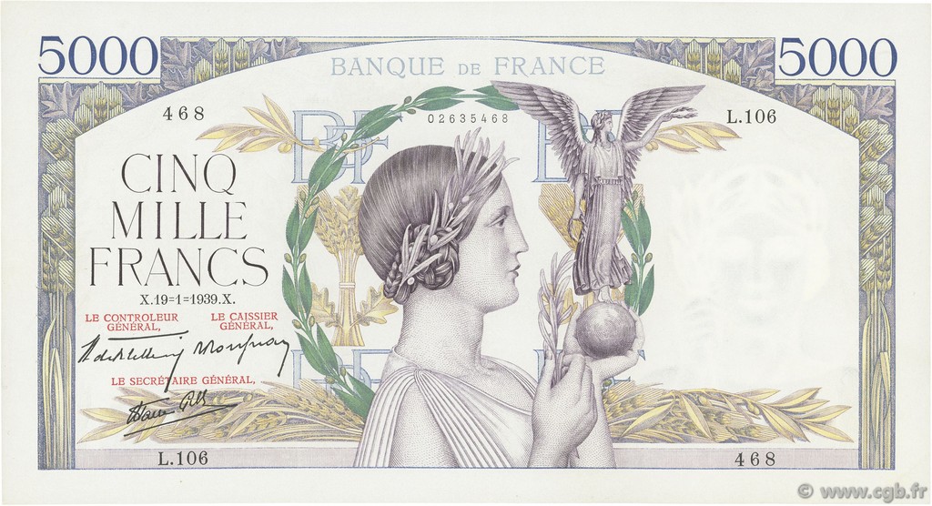 5000 Francs VICTOIRE Impression à plat FRANCE  1939 F.46.02 SUP