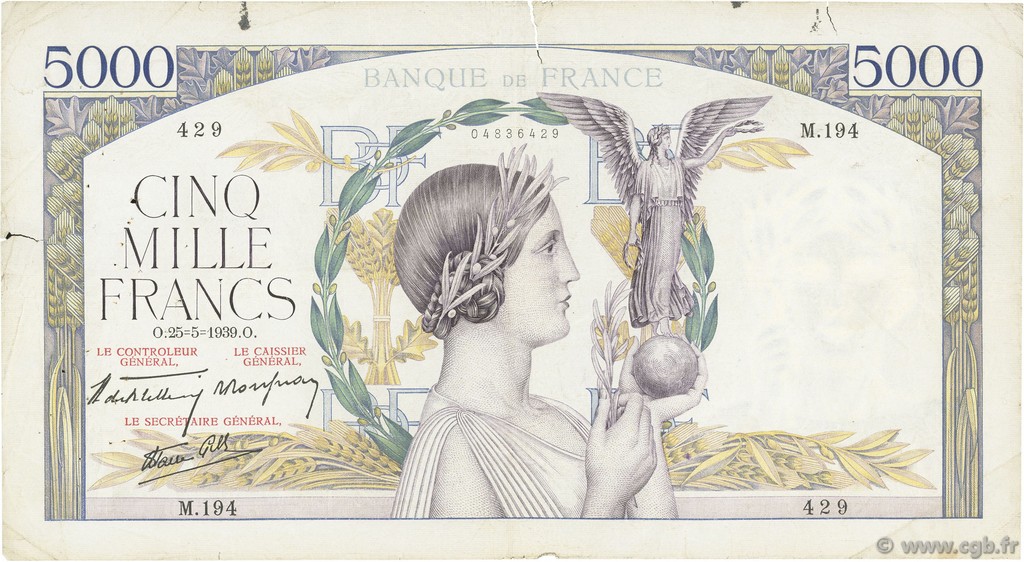 5000 Francs VICTOIRE Impression à plat FRANCE  1939 F.46.06 pr.TB