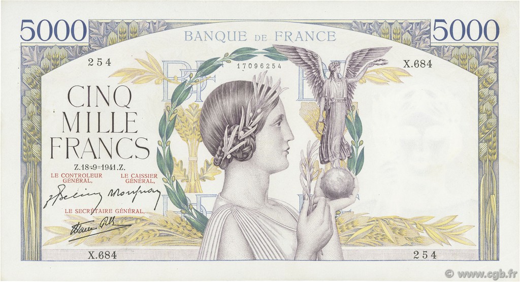 5000 Francs VICTOIRE Impression à plat FRANCE  1941 F.46.26 TTB