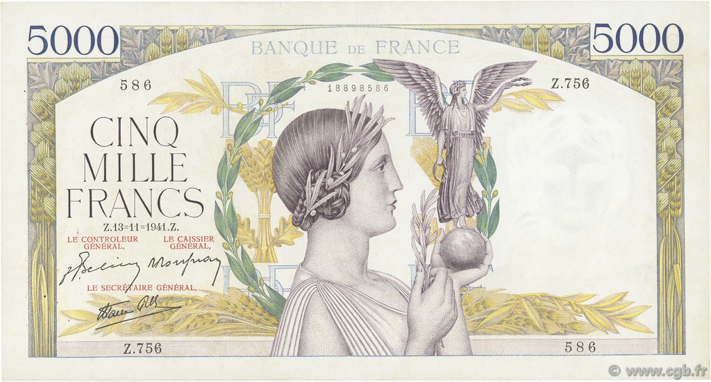 5000 Francs VICTOIRE Impression à plat FRANCE  1941 F.46.29 TTB
