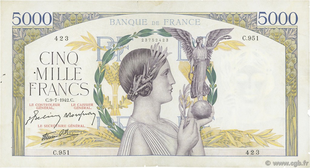 5000 Francs VICTOIRE Impression à plat FRANCE  1942 F.46.38 pr.TTB