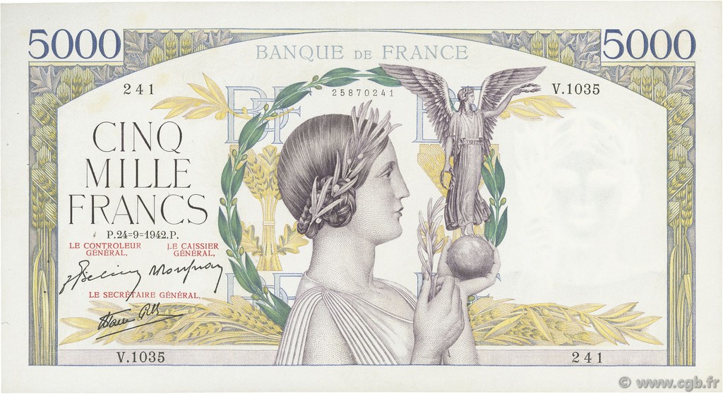 5000 Francs VICTOIRE Impression à plat FRANCE  1942 F.46.41 TTB+