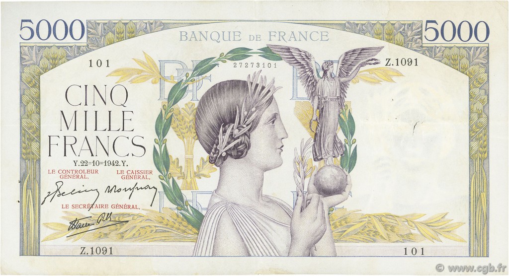 5000 Francs VICTOIRE Impression à plat FRANCE  1942 F.46.43 TB+