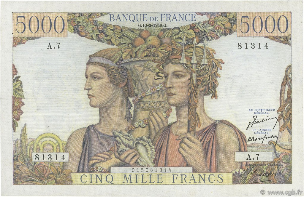 5000 Francs TERRE ET MER FRANCE  1949 F.48.01 TTB+