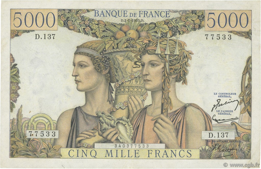 5000 Francs TERRE ET MER FRANCE  1953 F.48.09 TTB+
