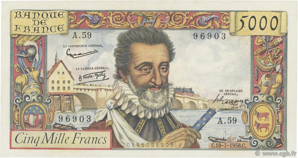 5000 Francs HENRI IV FRANCE  1958 F.49.07 TTB+