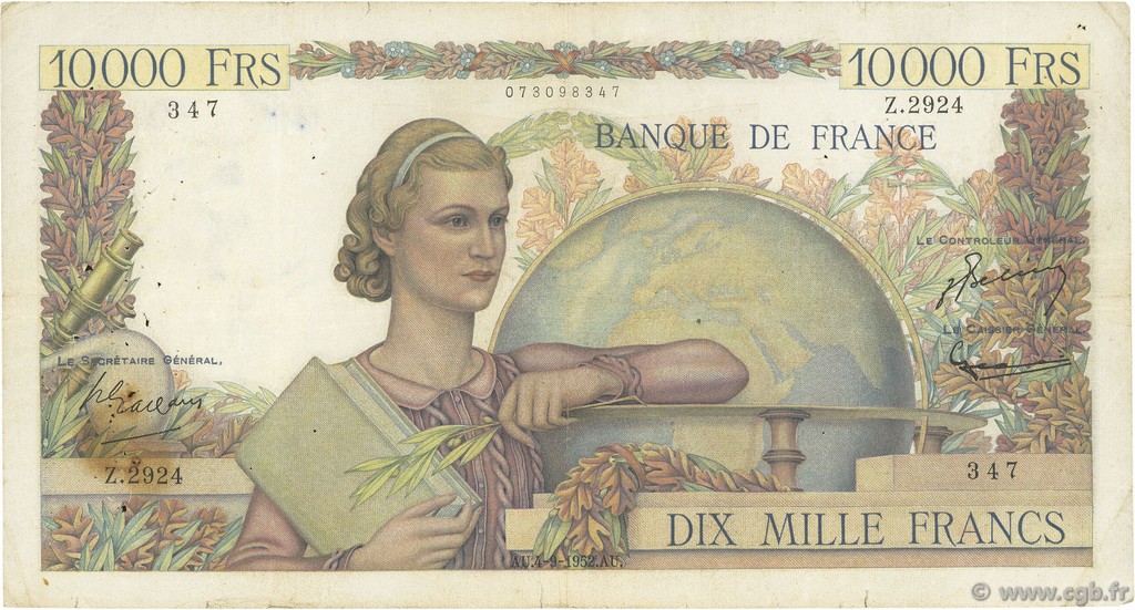 10000 Francs GÉNIE FRANÇAIS FRANCE  1952 F.50.60 B