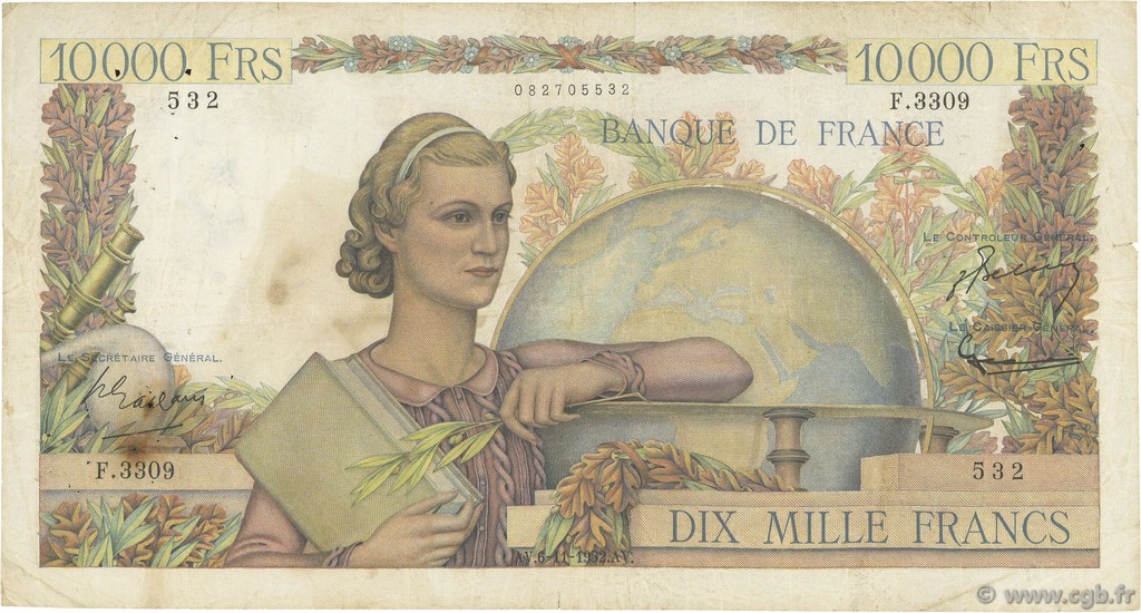 10000 Francs GÉNIE FRANÇAIS FRANCE  1952 F.50.61 B