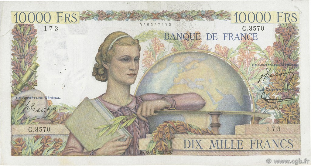 10000 Francs GÉNIE FRANÇAIS FRANCE  1952 F.50.61 TTB