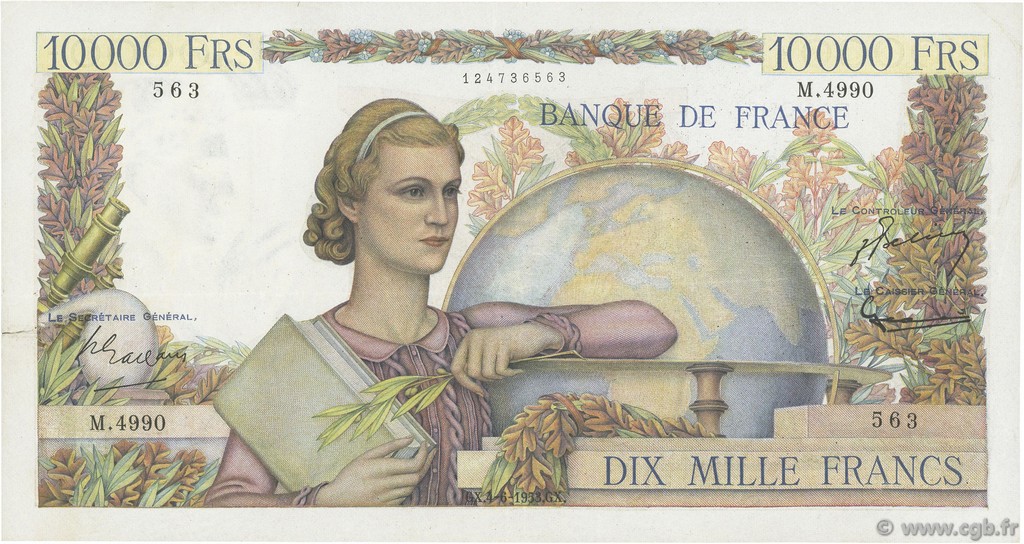 10000 Francs GÉNIE FRANÇAIS FRANCE  1953 F.50.66 TTB