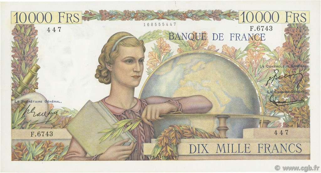 10000 Francs GÉNIE FRANÇAIS FRANCE  1954 F.50.70 TTB+