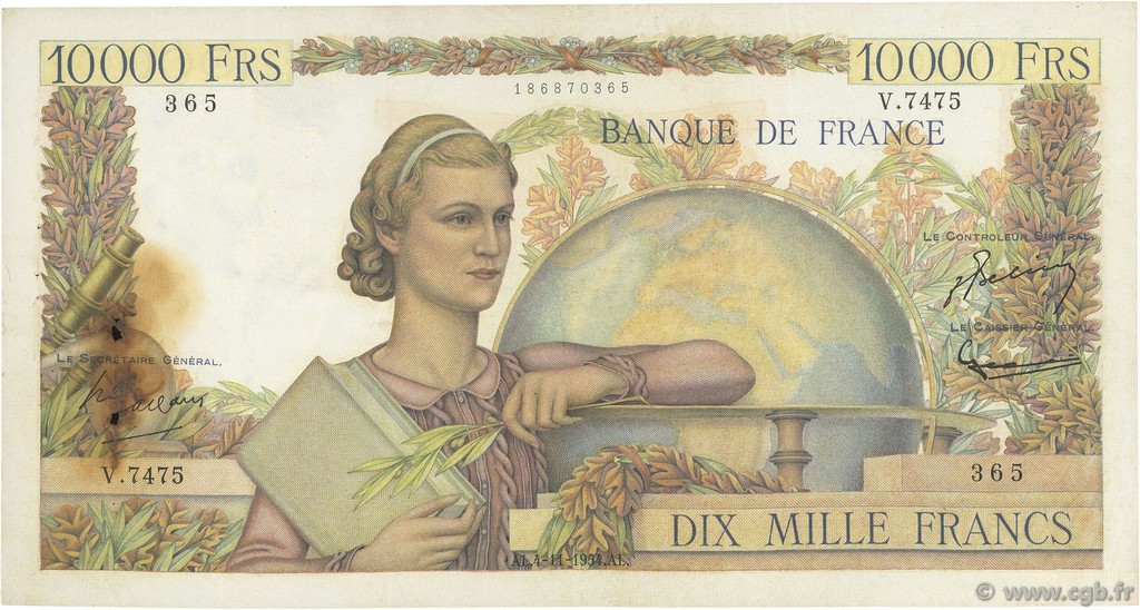 10000 Francs GÉNIE FRANÇAIS FRANCE  1954 F.50.72 TB