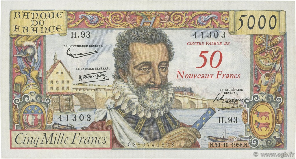 50 NF sur 5000 Francs HENRI IV FRANCE  1958 F.54.01 TTB