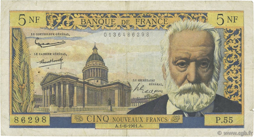5 Nouveaux Francs VICTOR HUGO FRANCE  1961 F.56.08 B