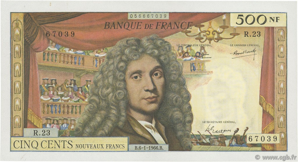 500 Nouveaux Francs MOLIÈRE FRANCE  1966 F.60.09 SUP+