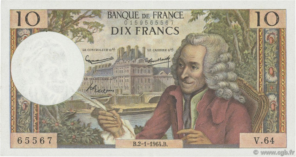 10 Francs VOLTAIRE FRANCE  1964 F.62.07 pr.SUP