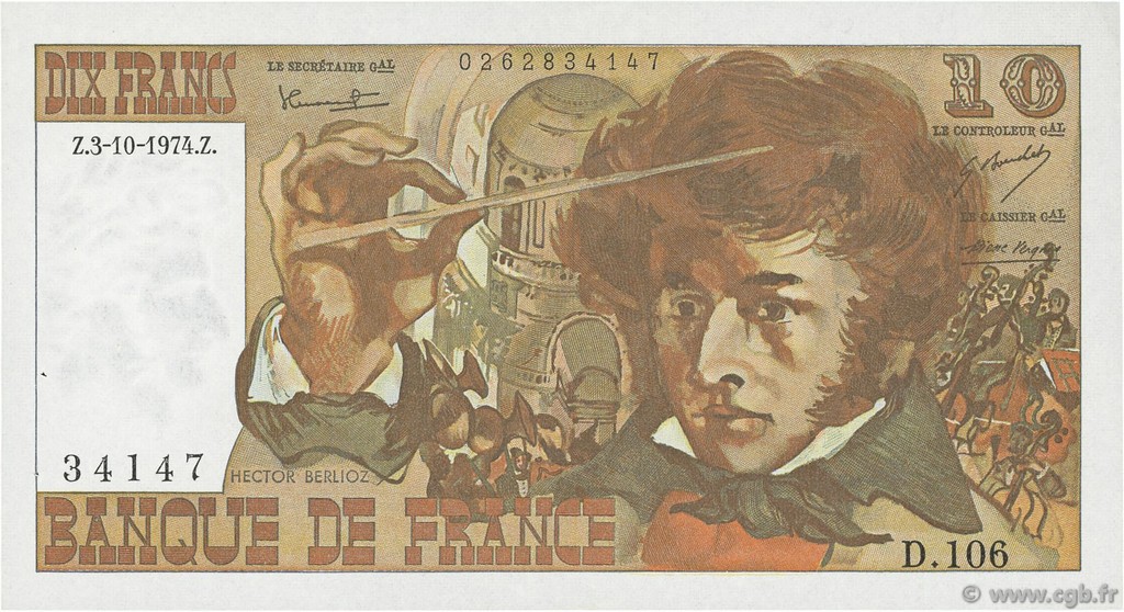 10 Francs BERLIOZ FRANCE  1974 F.63.07a pr.SPL