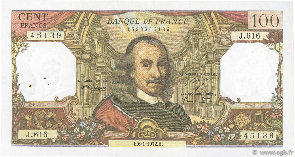 100 Francs CORNEILLE FRANCE  1972 F.65.38 pr.SUP