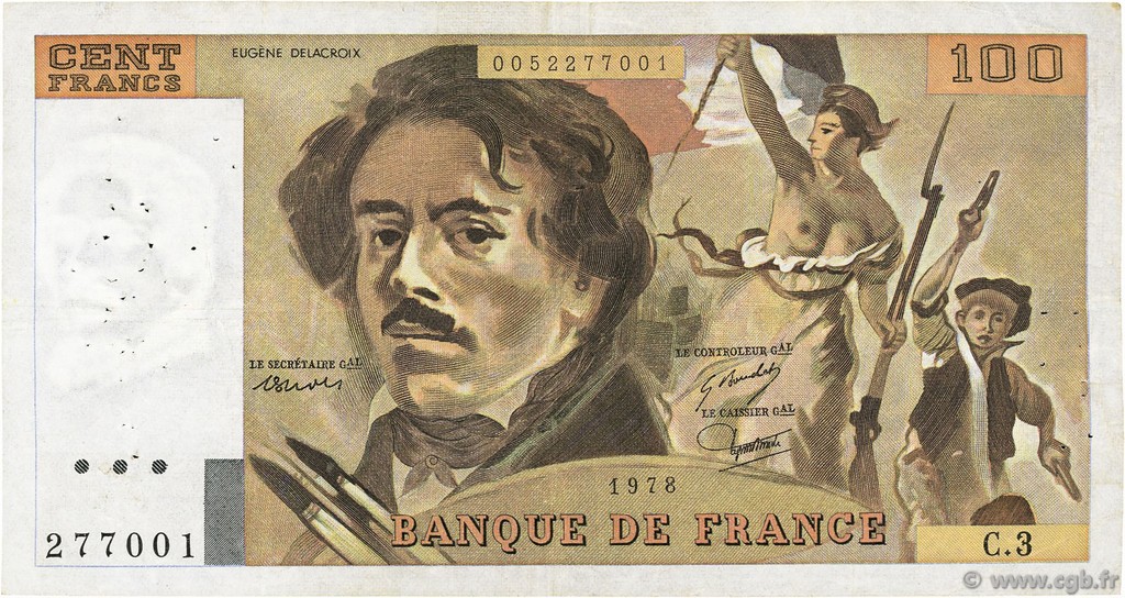 100 Francs DELACROIX modifié FRANCE  1978 F.69.01b pr.TTB