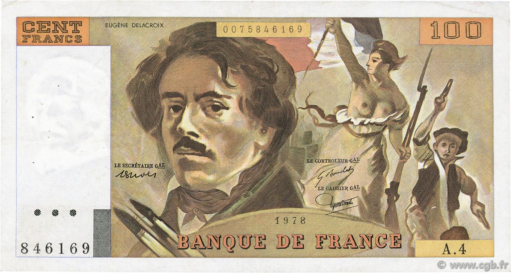 100 Francs DELACROIX modifié FRANCE  1978 F.69.01c TTB