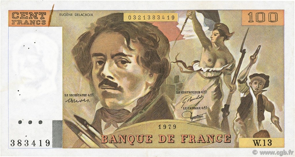 100 Francs DELACROIX modifié FRANCE  1979 F.69.02c TTB