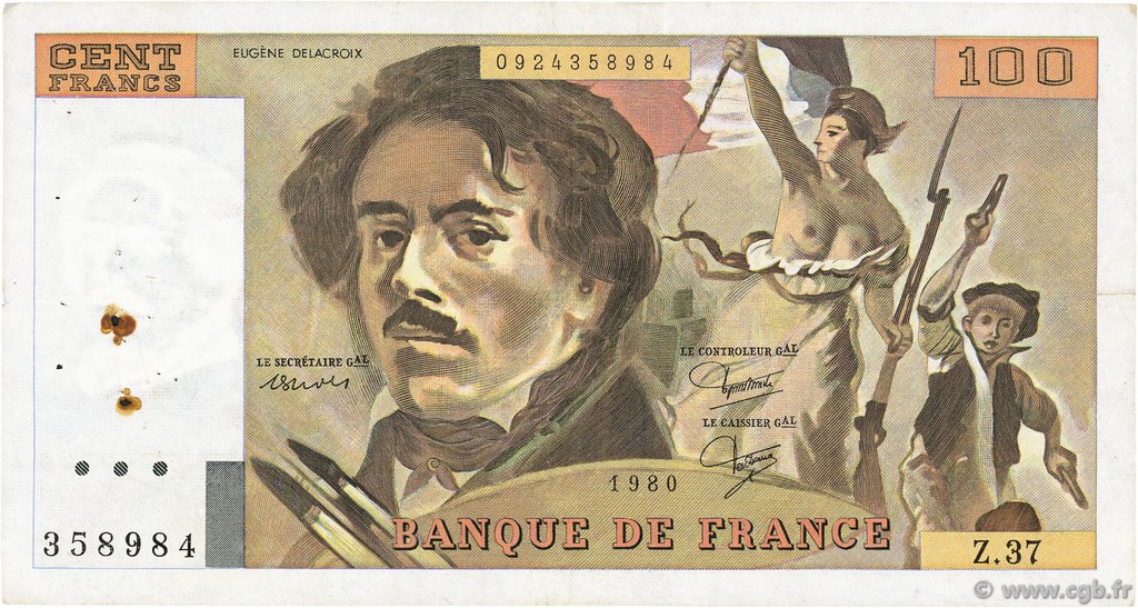 100 Francs DELACROIX modifié FRANCE  1980 F.69.04a pr.TTB