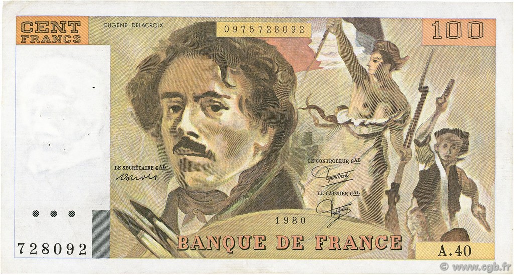 100 Francs DELACROIX modifié FRANCE  1980 F.69.04a VF