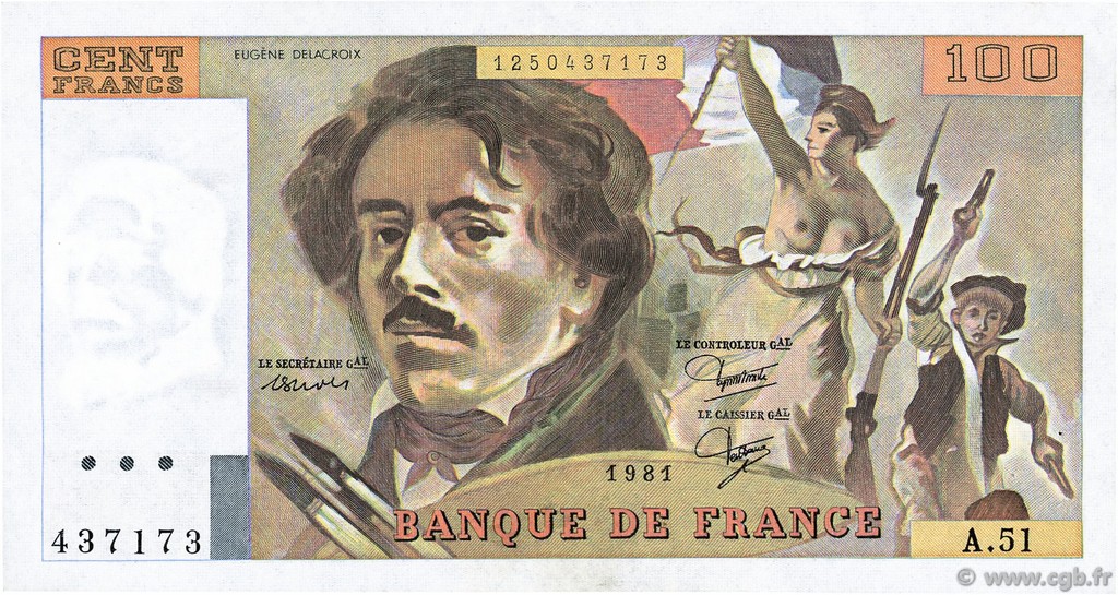 100 Francs DELACROIX modifié FRANCE  1981 F.69.05 SUP