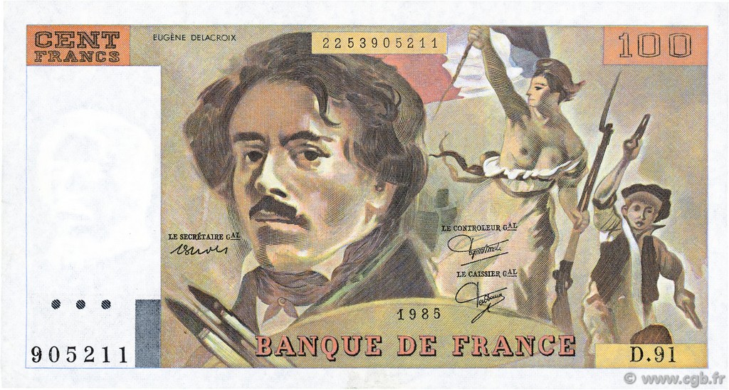 100 Francs DELACROIX modifié FRANCE  1985 F.69.09 TTB+