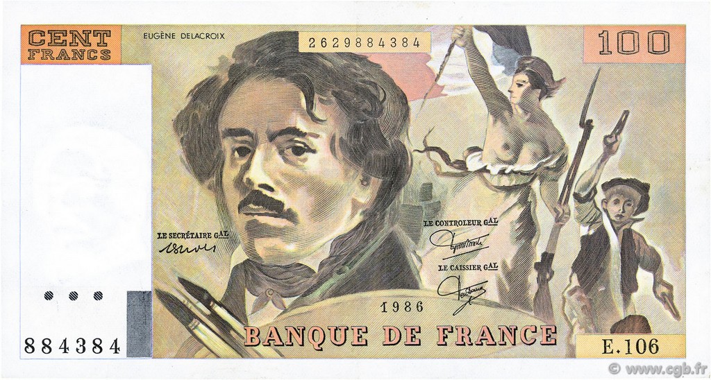100 Francs DELACROIX modifié FRANCE  1986 F.69.10 TTB+