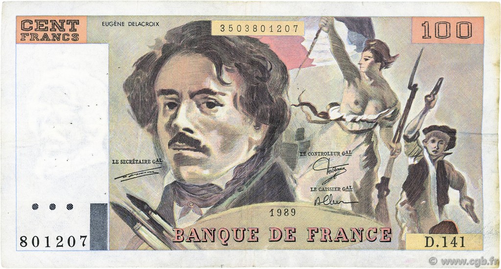 100 Francs DELACROIX modifié FRANCE  1989 F.69.13b TTB