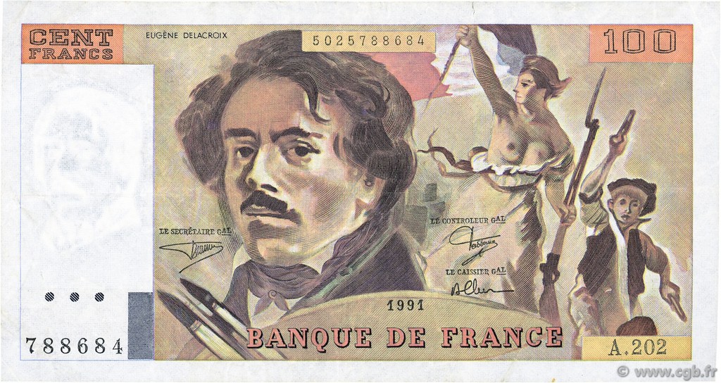 100 Francs DELACROIX imprimé en continu FRANCE  1991 F.69bis.03c1 TTB