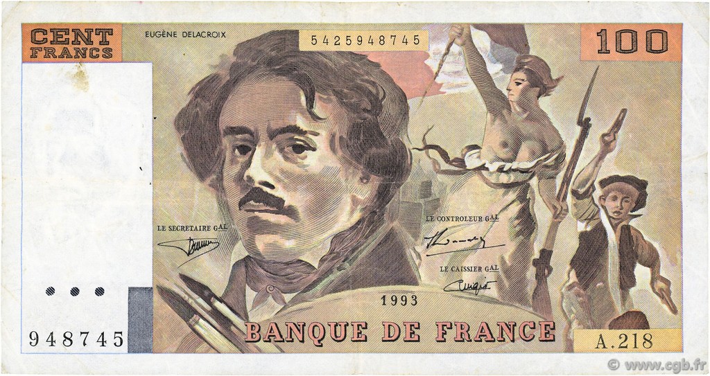 100 Francs DELACROIX imprimé en continu FRANCE  1993 F.69bis.05 pr.TTB