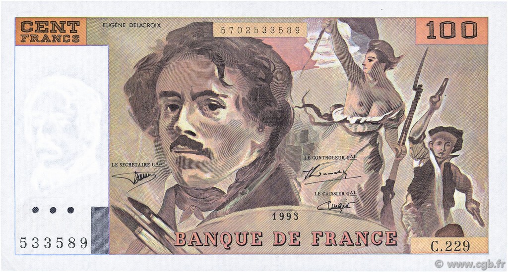 100 Francs DELACROIX imprimé en continu FRANCE  1993 F.69bis.08 SPL+