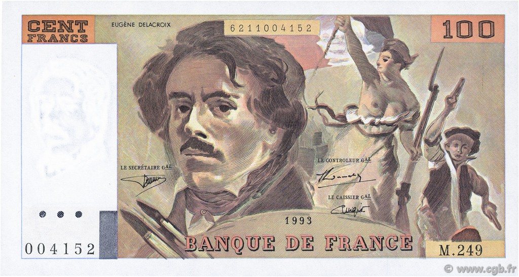 100 Francs DELACROIX imprimé en continu FRANCE  1993 F.69bis.08 SPL