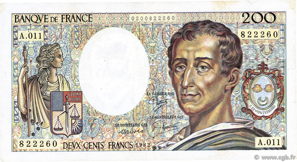 200 Francs MONTESQUIEU FRANCE  1982 F.70.02 TTB