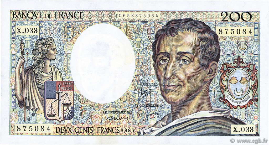 200 Francs MONTESQUIEU FRANKREICH  1985 F.70.05 fVZ