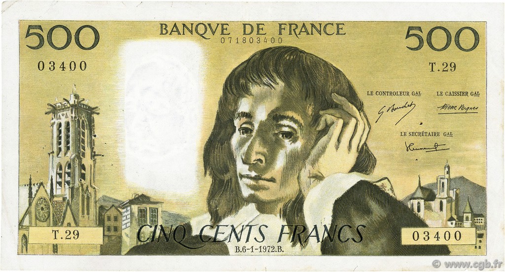 500 Francs PASCAL FRANCE  1972 F.71.08 TB à TTB