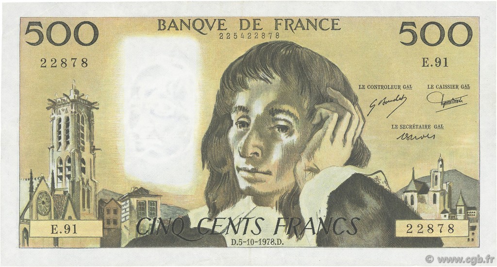 500 Francs PASCAL FRANKREICH  1978 F.71.18 fVZ