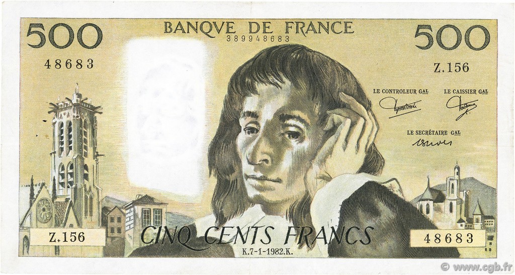 500 Francs PASCAL FRANCE  1982 F.71.26 TTB