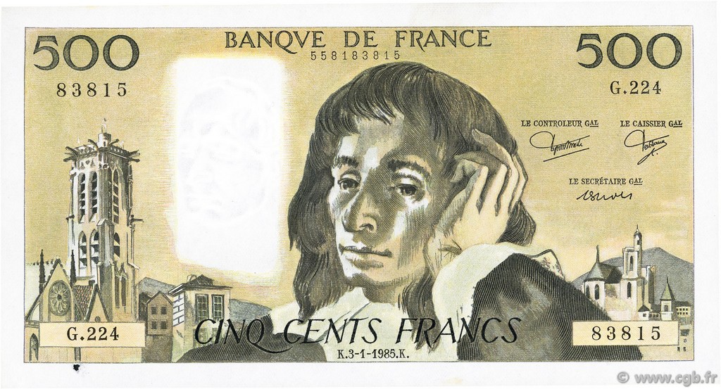 500 Francs PASCAL FRANCE  1985 F.71.32 SUP