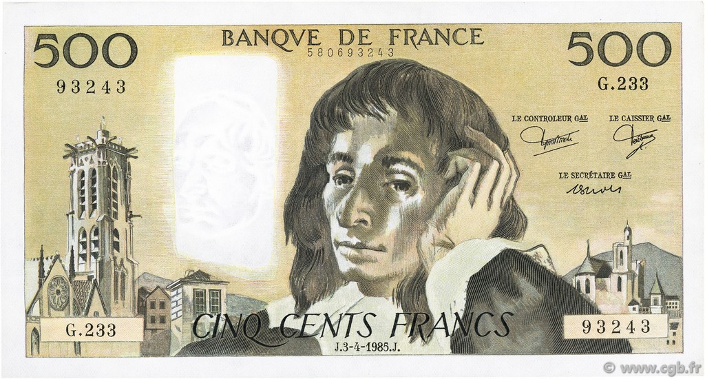 500 Francs PASCAL FRANCE  1985 F.71.33 SUP