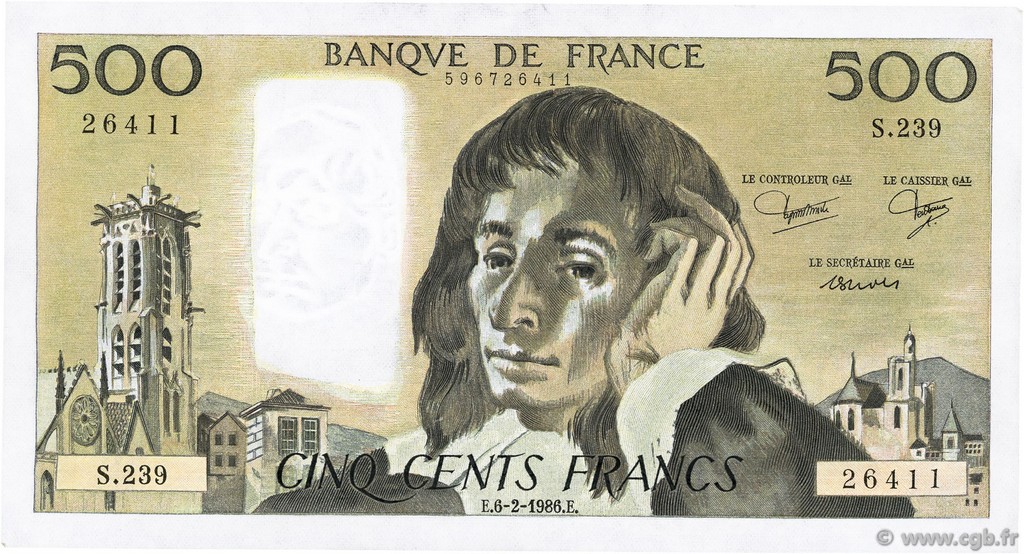 500 Francs PASCAL FRANCE  1986 F.71.34 SPL