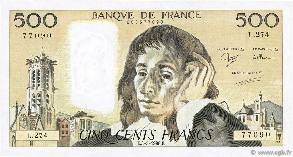 500 Francs PASCAL FRANCE  1988 F.71.38 TTB+